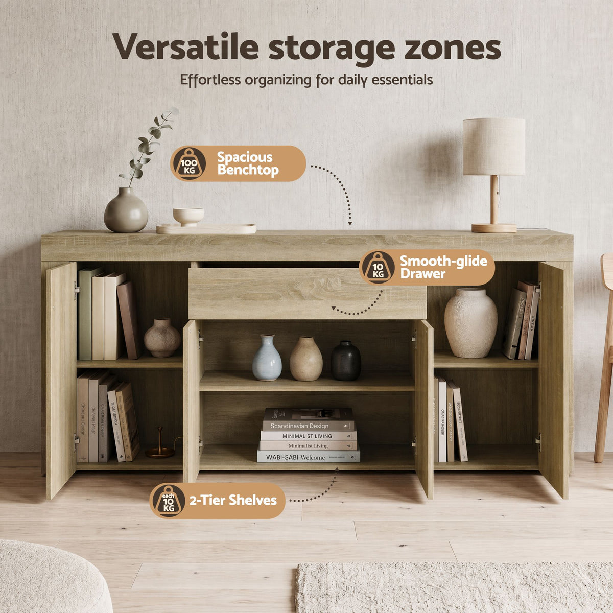 Buffet Sideboard Cabinet Storage 4 Doors Cupboard Hall Wood Hallway Table