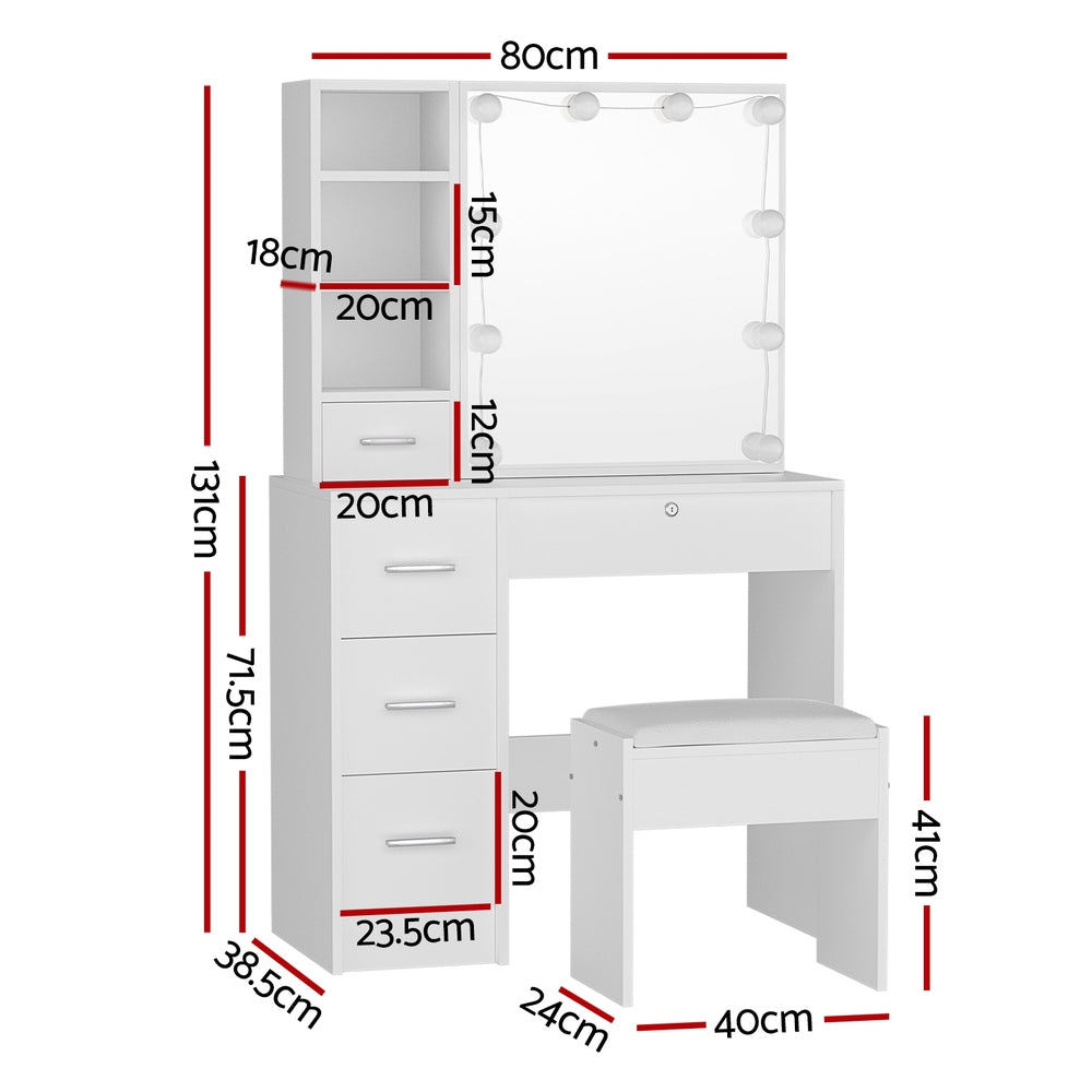 Dressing Table Set with Stool and 10 LED Bulbs - White Dylan