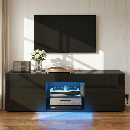 TV Stand Cabinet Entertainment Unit 130cm RGB LED Gloss Furniture - Black