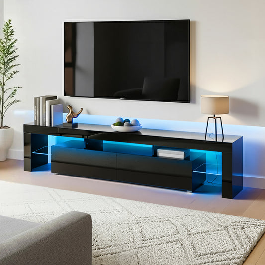 TV Stand 189cm RGB LED Cabinet Entertainment Unit Gloss Furniture Drawers Tempered Glass Shelf - Black