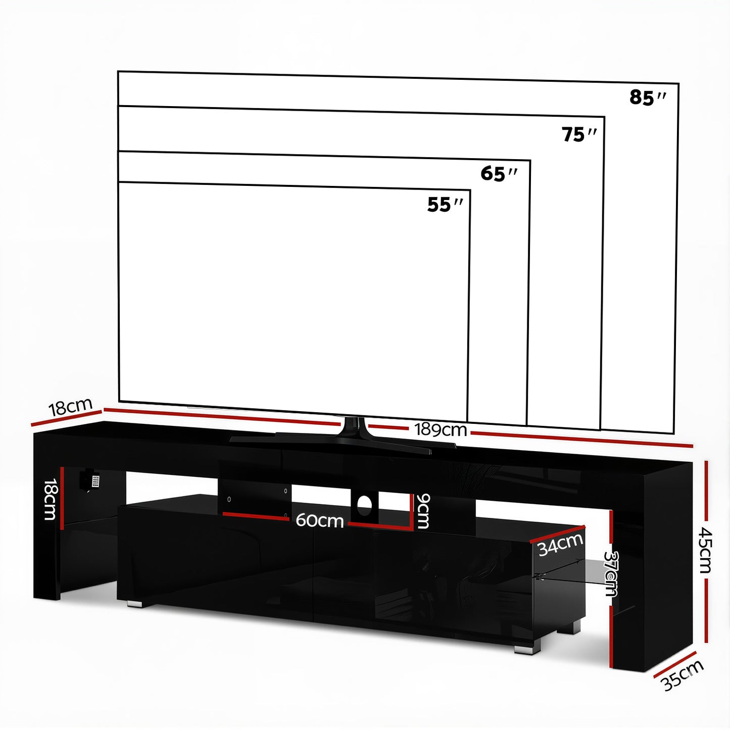 TV Stand 189cm RGB LED Cabinet Entertainment Unit Gloss Furniture Drawers Tempered Glass Shelf - Black
