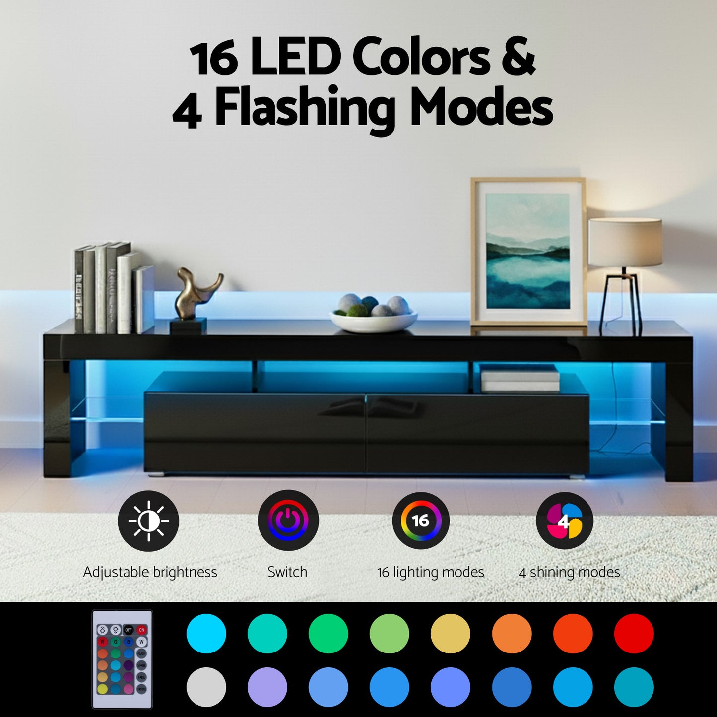 TV Stand 189cm RGB LED Cabinet Entertainment Unit Gloss Furniture Drawers Tempered Glass Shelf - Black