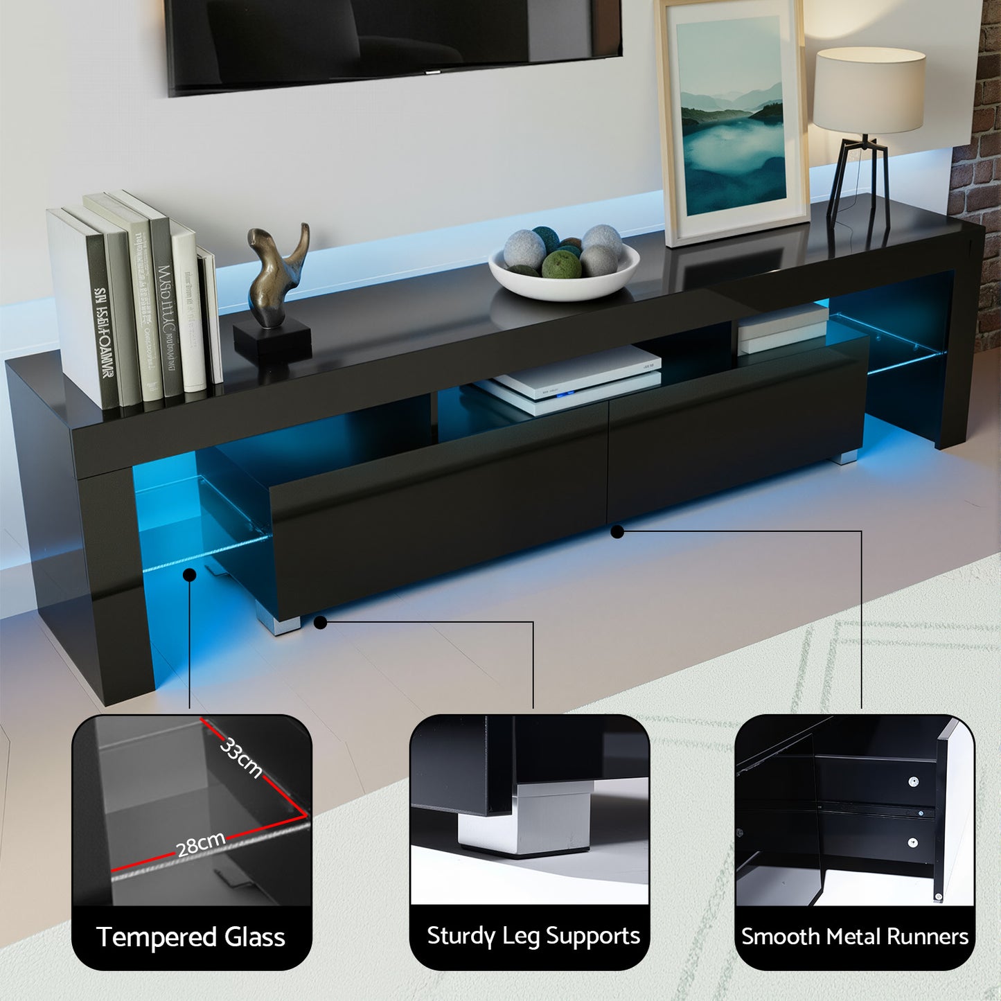 TV Stand 189cm RGB LED Cabinet Entertainment Unit Gloss Furniture Drawers Tempered Glass Shelf - Black