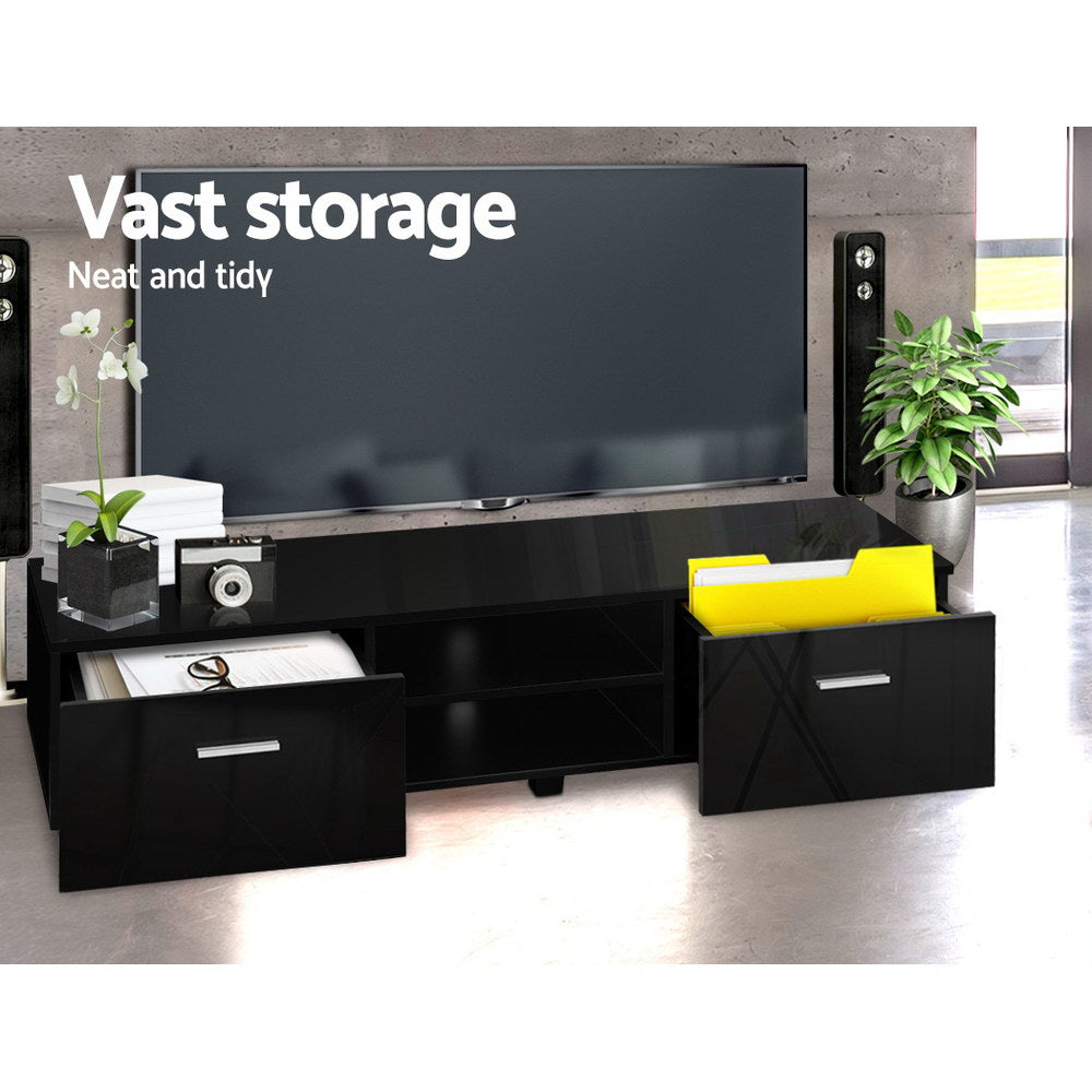 TV Cabinet Entertainment Unit 140cm High Gloss Stand Storage Shelf Black