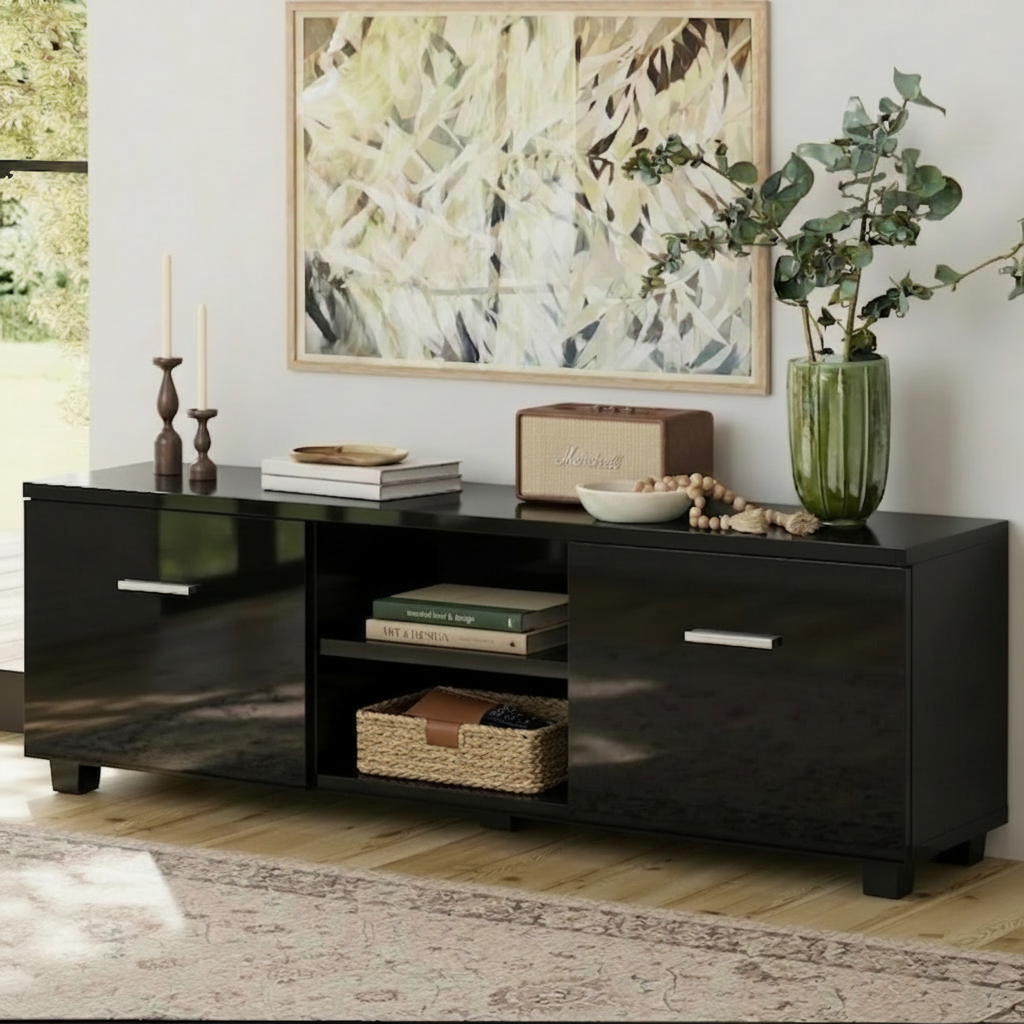 TV Cabinet Entertainment Unit 140cm High Gloss Stand Storage Shelf Black