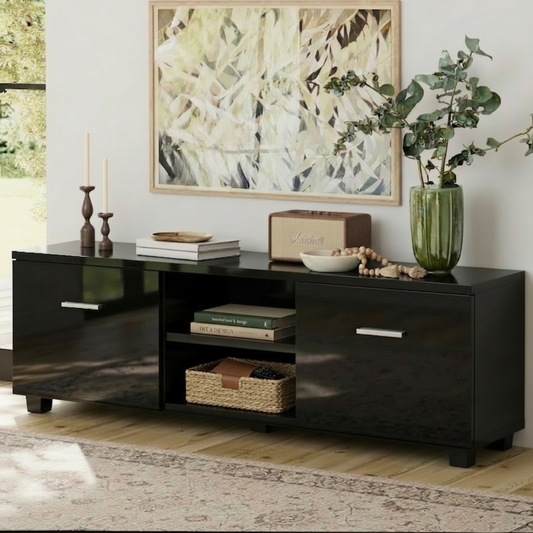 TV Cabinet Entertainment Unit 140cm High Gloss Stand Storage Shelf Black