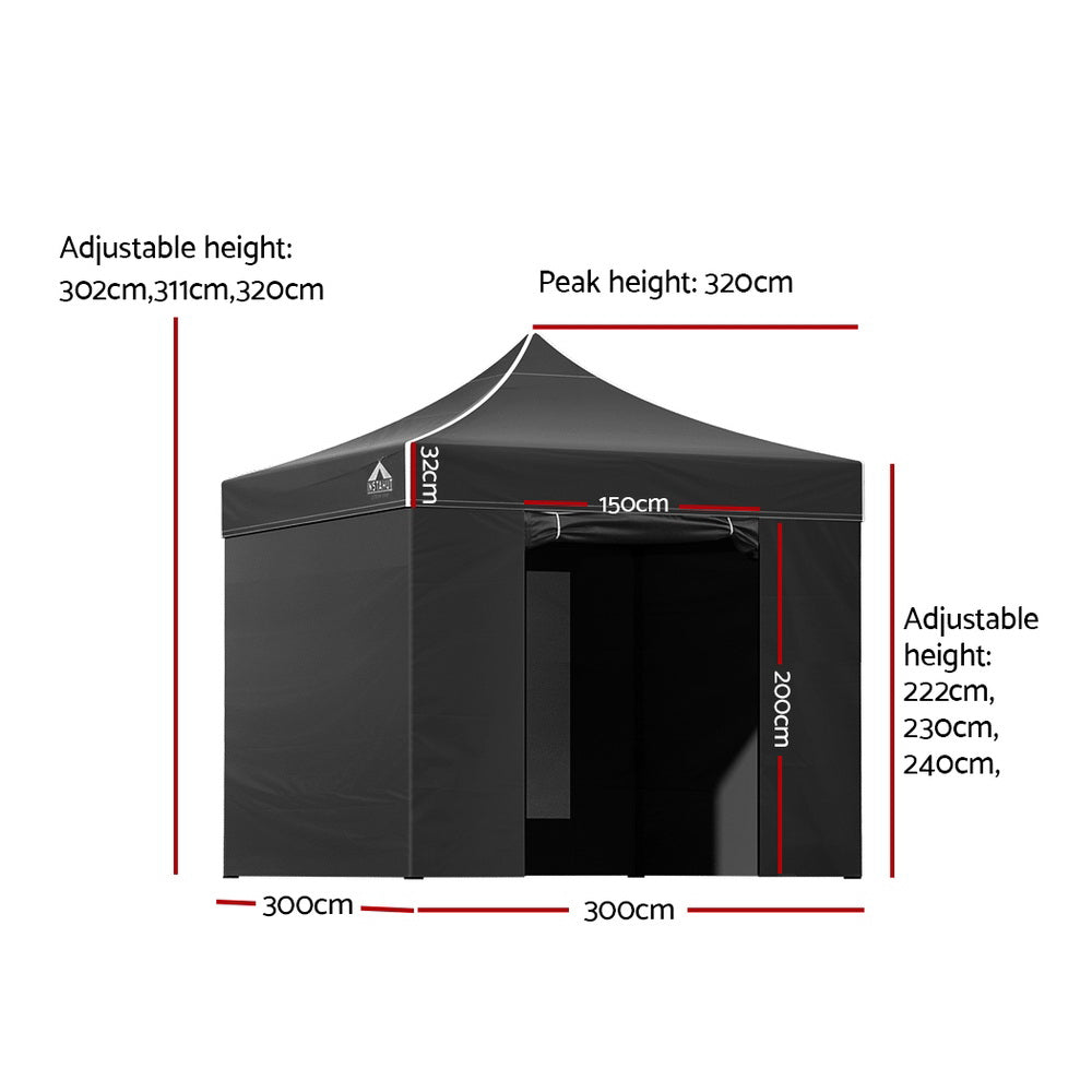 Pop-Up Gazebo Marquee 3x3m, Folding Wedding Tent Shade, Black