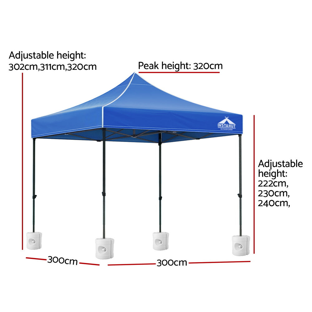 Gazebo Pop Up 3x3M with Base Podx4 Marquee Folding Outdoor Wedding Camping Tent Shade Canopy - Blue