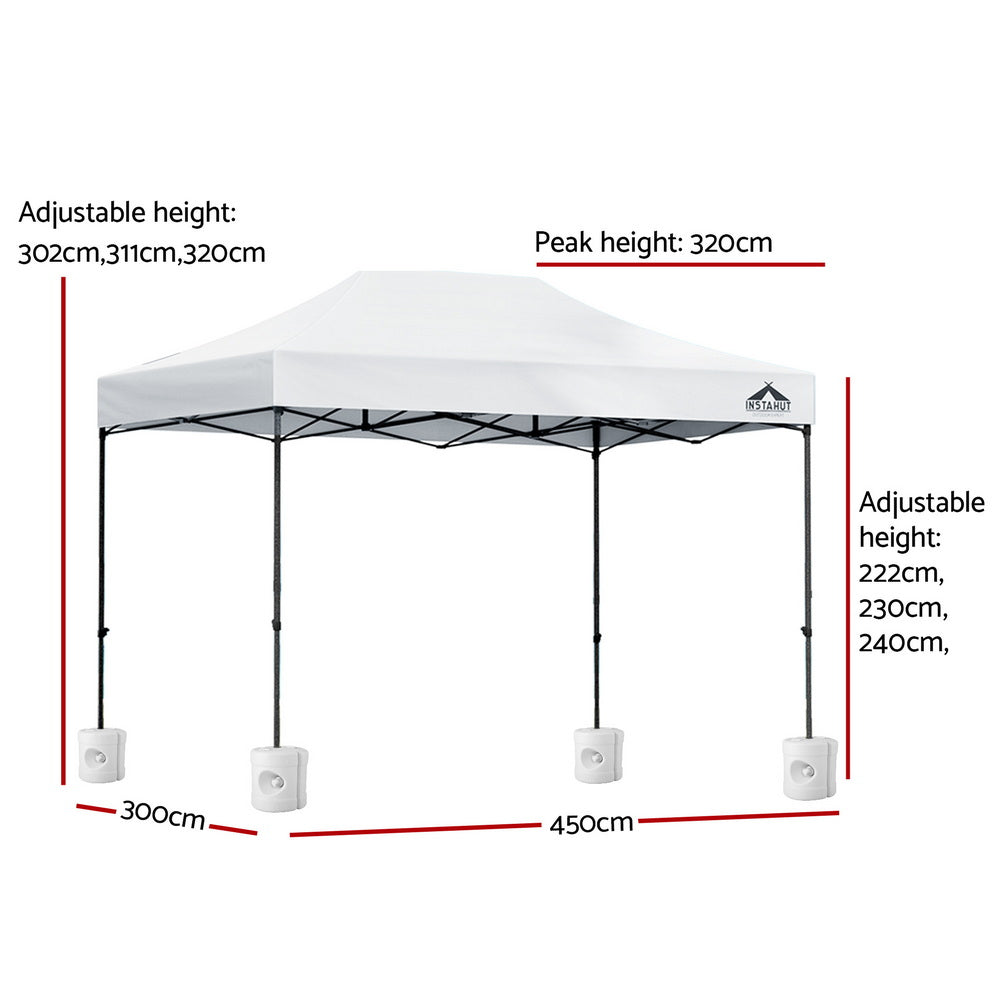 Gazebo Pop Up 3x4.5M w/Base Podx4 Marquee Folding Outdoor Wedding Camping Tent Shade Canopy - White