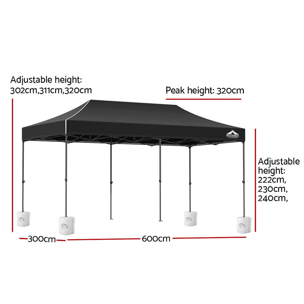 Gazebo Pop Up 3x6M w/Base Podx4 Marquee Folding Outdoor Wedding Camping Tent Shade Canopy - Black