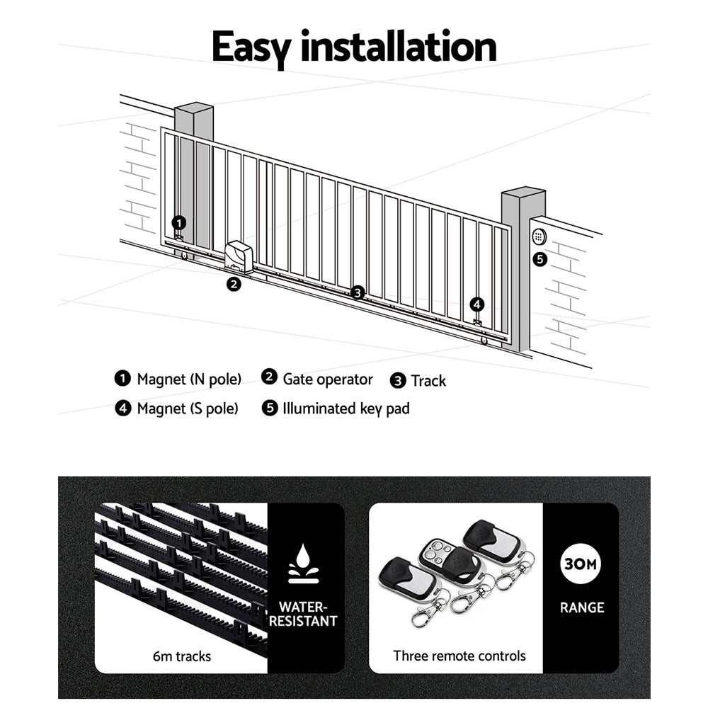 Lockmaster Automatic Sliding Gate Opener Kit 20W Solar Panel 6M 600KG