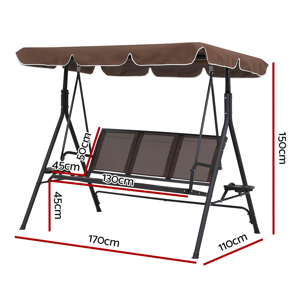 Outdoor Swing Chair Garden Furniture Canopy Cup Holder 3 Seater Brown