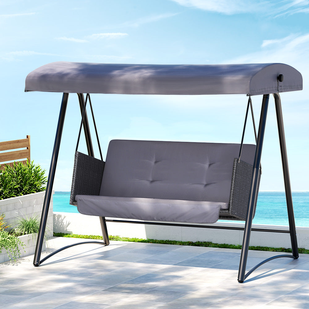 Outdoor Swing Chair Garden Bench Furniture Canopy 3-Seater Rattan - Grey