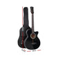 Black wooden acoustic guitar alpha with caster wheels and side handle rail