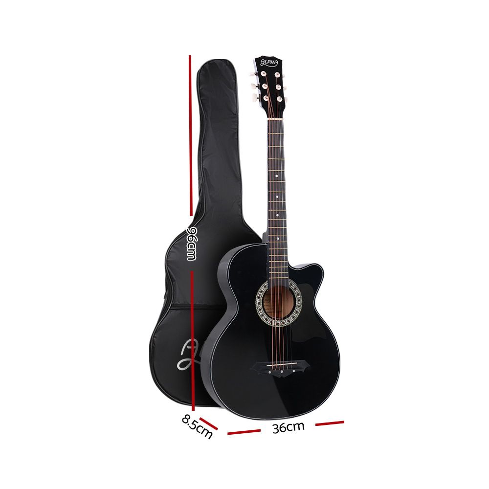 Black wooden acoustic guitar alpha with caster wheels and side handle rail