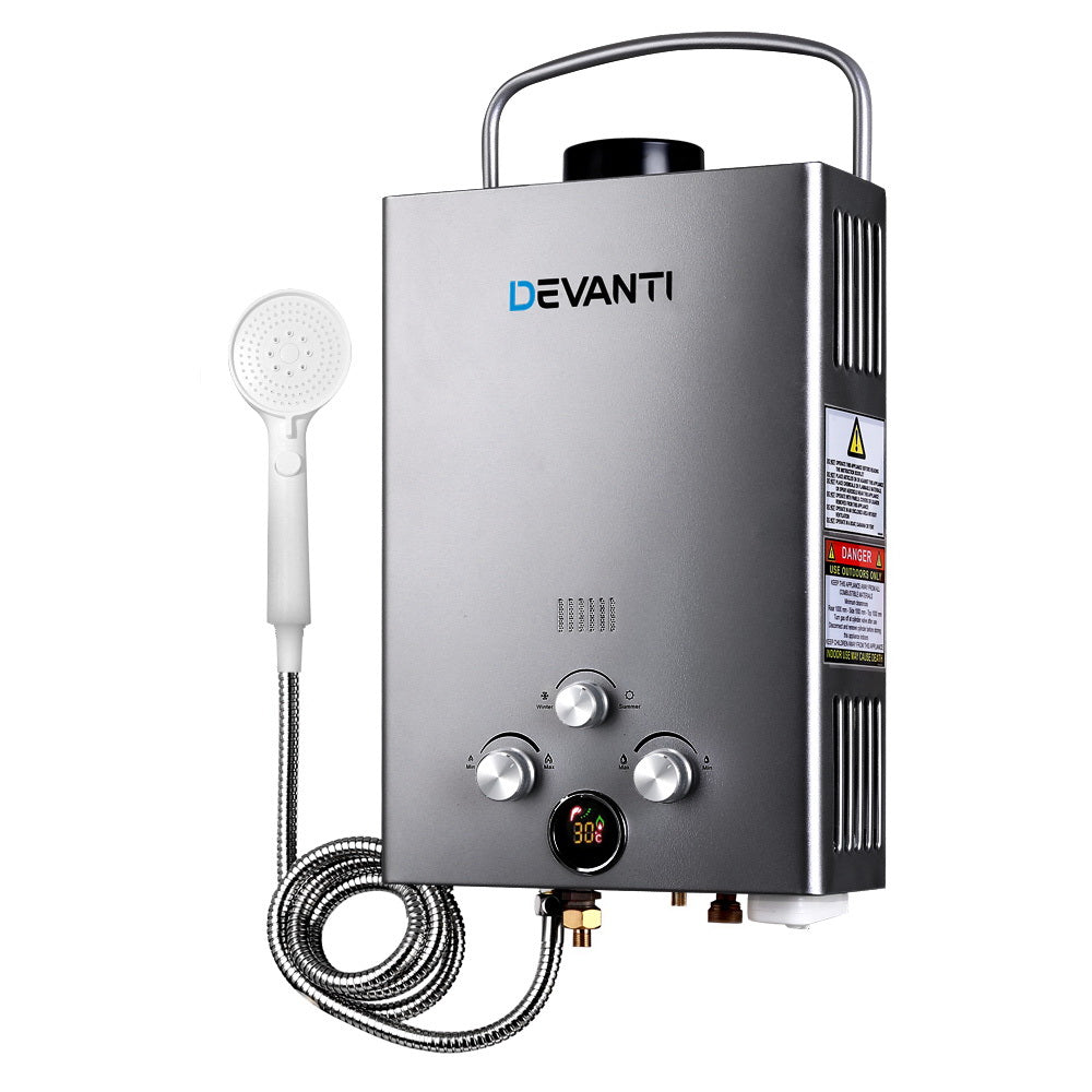 Gas Hot Water Heater Portable Shower Camping LPG Outdoor Instant - Grey