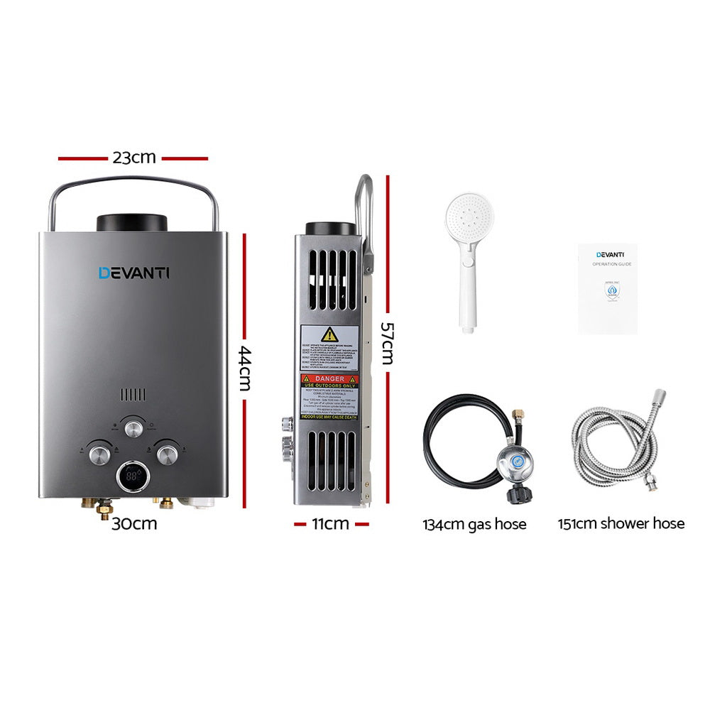 Gas Hot Water Heater Portable Shower Camping LPG Outdoor Instant - Grey
