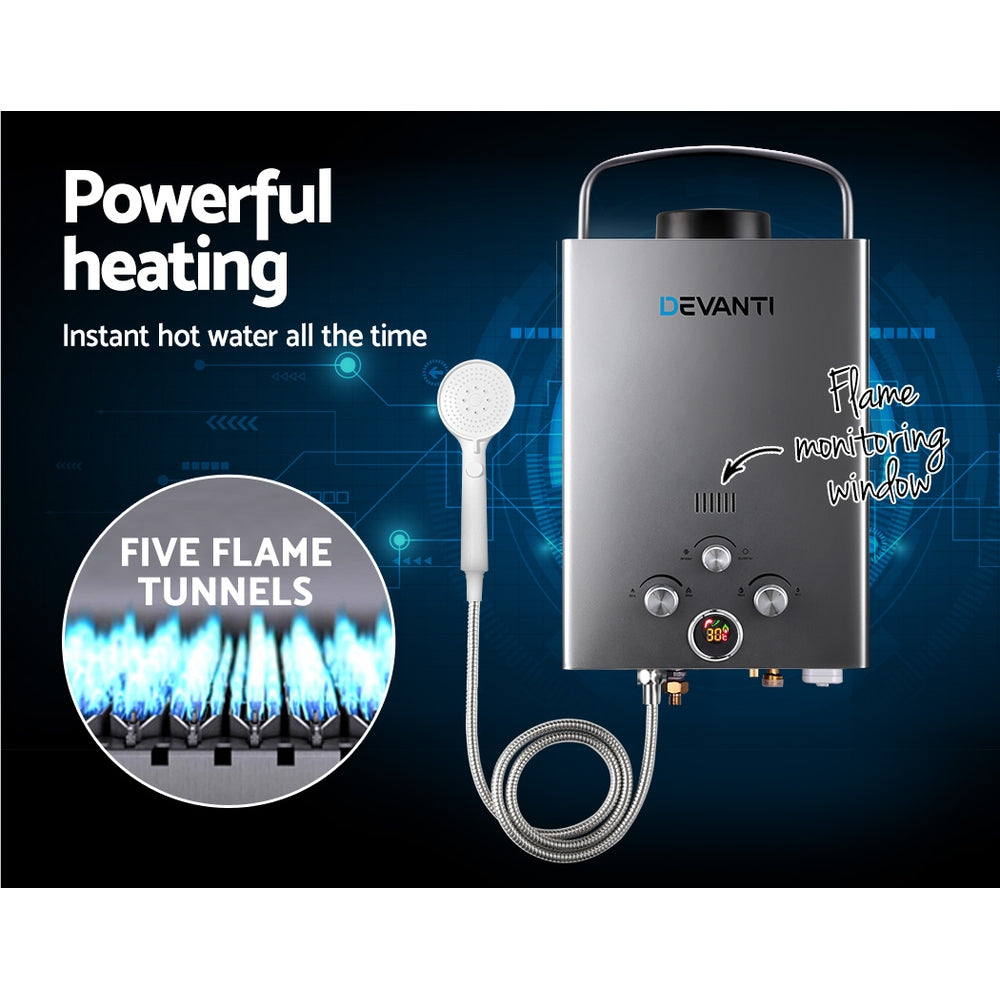 Gas Hot Water Heater Portable Shower Camping LPG Outdoor Instant - Grey