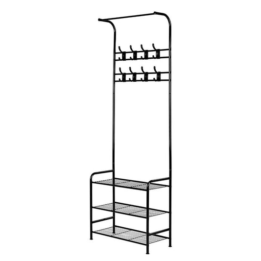 Black metal storage rack with slim posts and mounting brackets