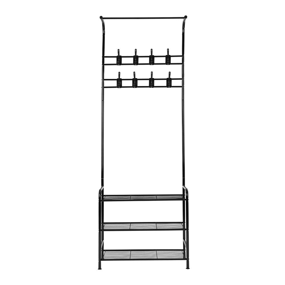 Black metal storage rack with upright supports and shelf tiers