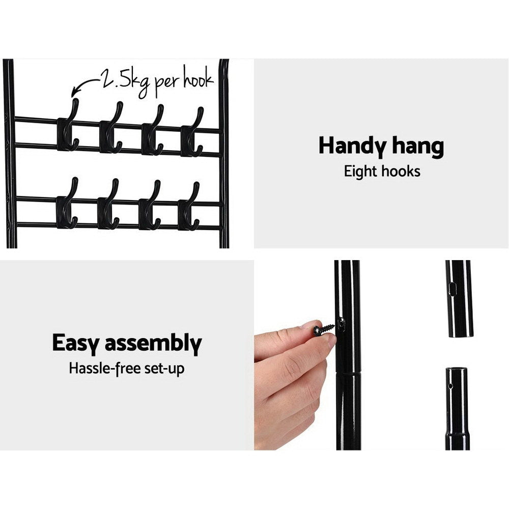 Black metal storage rack with tiered shelves and metal supports