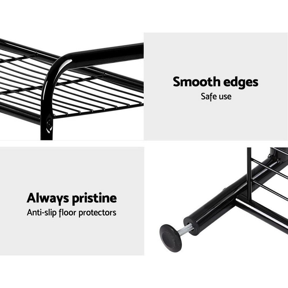 Black metal storage rack with open shelves and sturdy supports