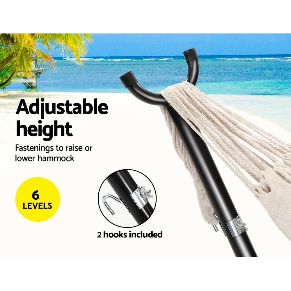 Outdoor hammock with compact layout and accessory details