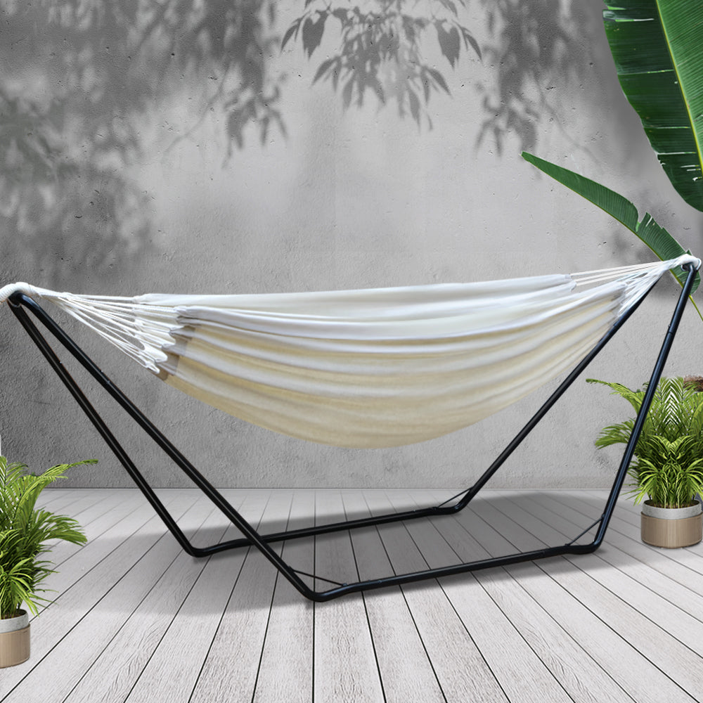 Cream steel bed frame with hammock stand kit hm