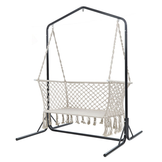Double Swing Hammock Chair with Stand - Macrame Outdoor Bench Seat