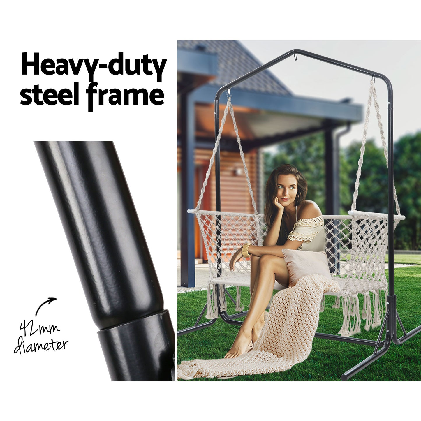 Double Swing Hammock Chair with Stand - Macrame Outdoor Bench Seat
