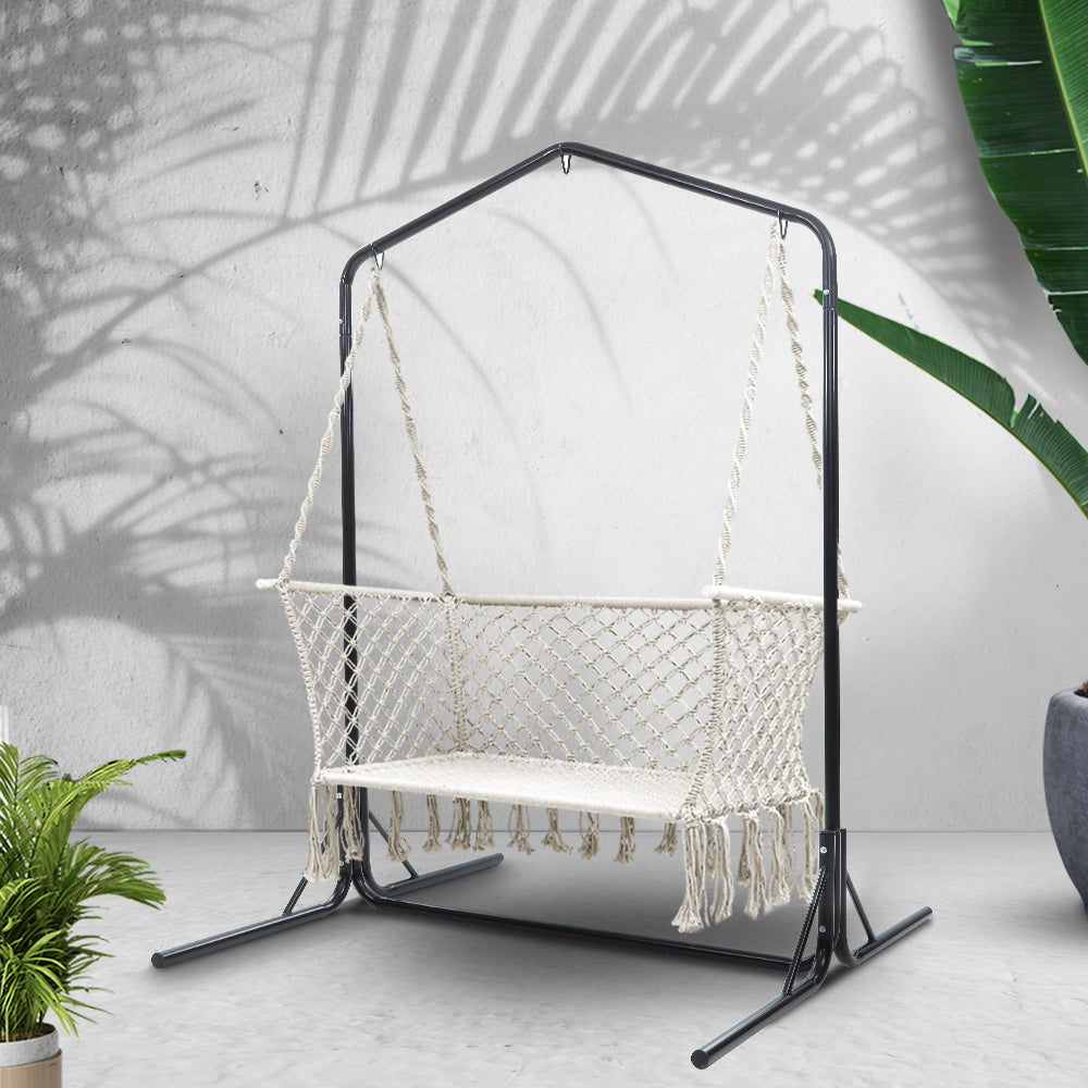 Double Swing Hammock Chair with Stand - Macrame Outdoor Bench Seat