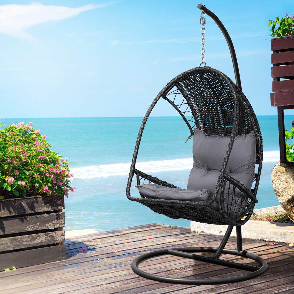 Outdoor Egg Swing Chair Wicker Furniture Pod Stand with Armrest - Black