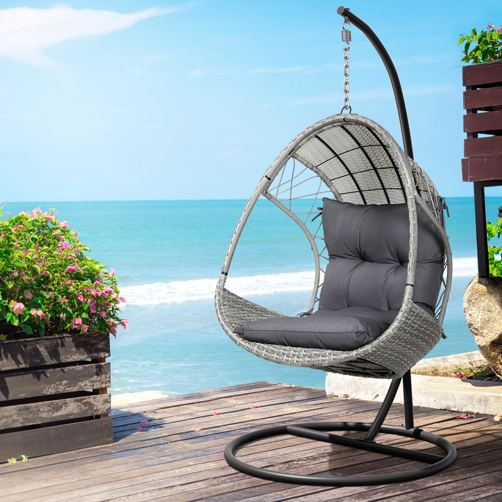 Outdoor Egg Swing Chair Wicker Furniture Pod Stand with Armrest - Light Grey