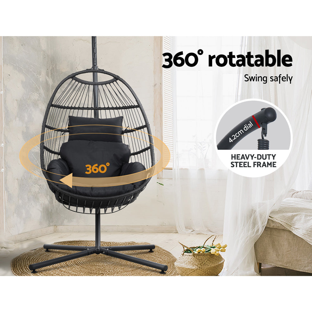 Outdoor Egg Swing Chair Wicker Rope Furniture Pod Stand Foldable - Grey