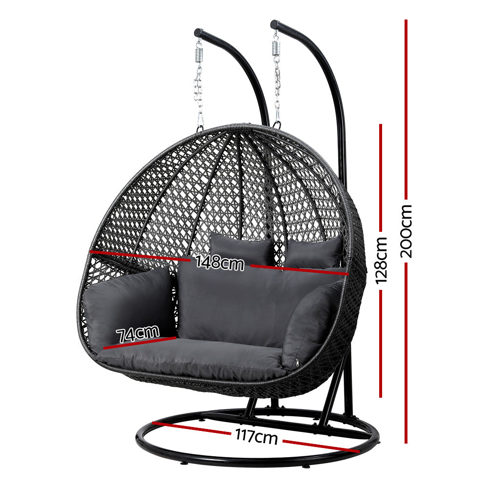 Outdoor Egg Swing Chair Hanging Pod Wicker Cushion 2-Person - Grey