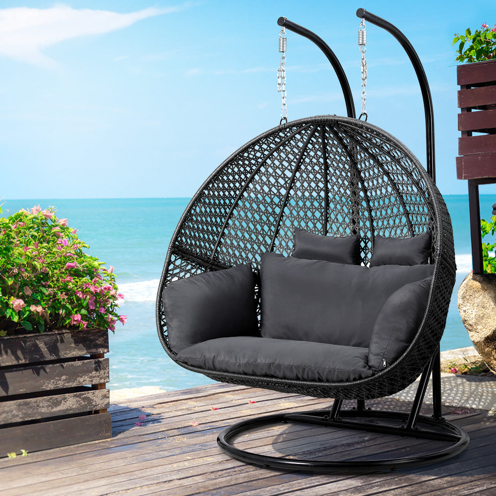 Outdoor Egg Swing Chair Hanging Pod Wicker Cushion 2-Person - Grey