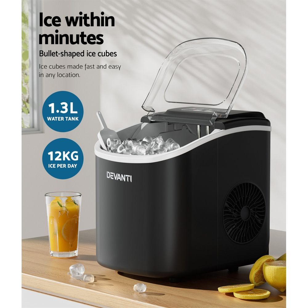 Portable Ice Maker Machine Ice Cube Tray 12kg Bar Countertop - Black