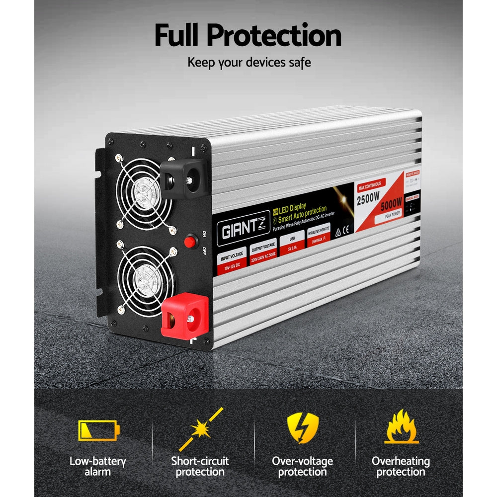 Power Inverter 12V to 240V 2500W/5000W - Pure Sine Wave Camping Car Boat