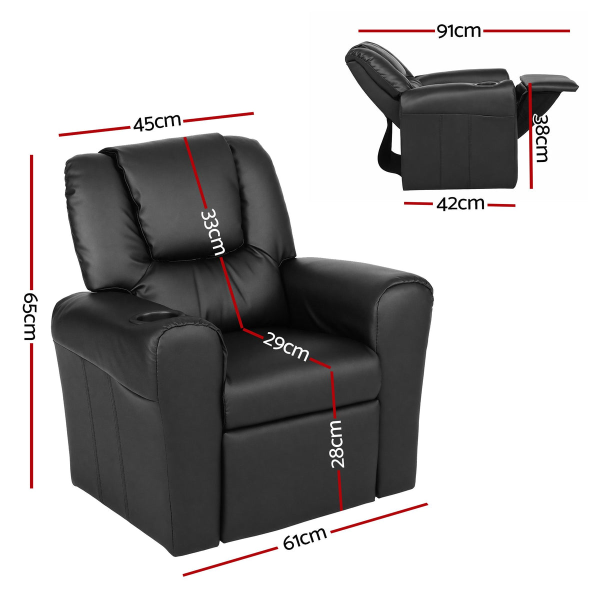 Kids Recliner Chair PU Leather Sofa Lounge Couch - Black
