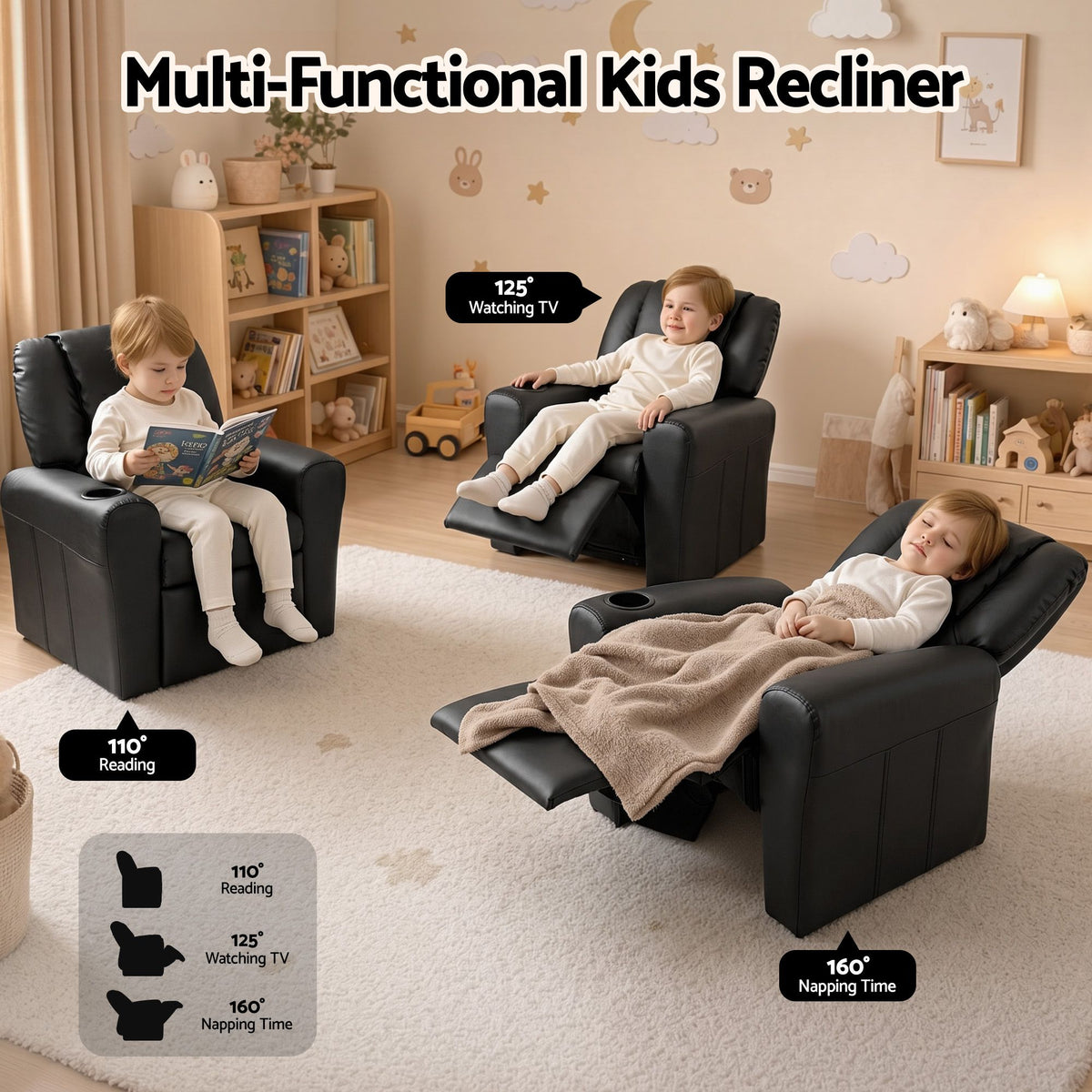 Kids Recliner Chair PU Leather Sofa Lounge Couch - Black