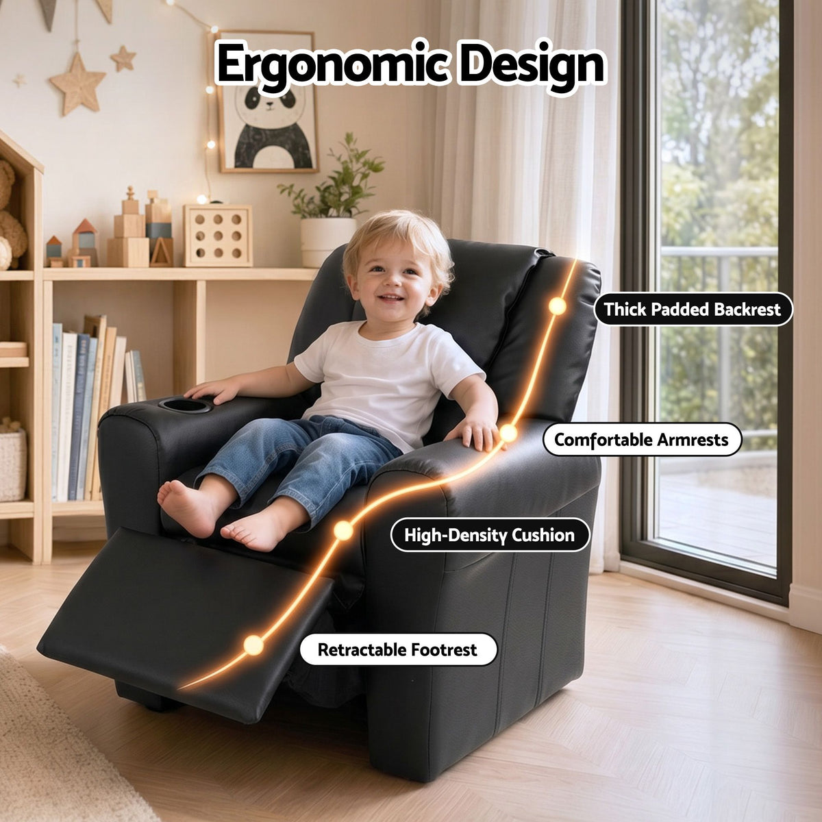 Kids Recliner Chair PU Leather Sofa Lounge Couch - Black