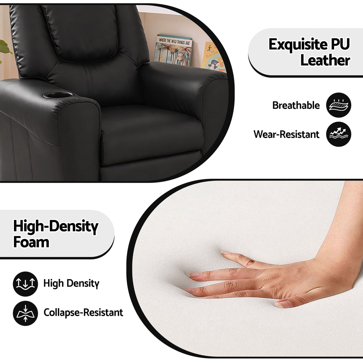 Kids Recliner Chair PU Leather Sofa Lounge Couch - Black