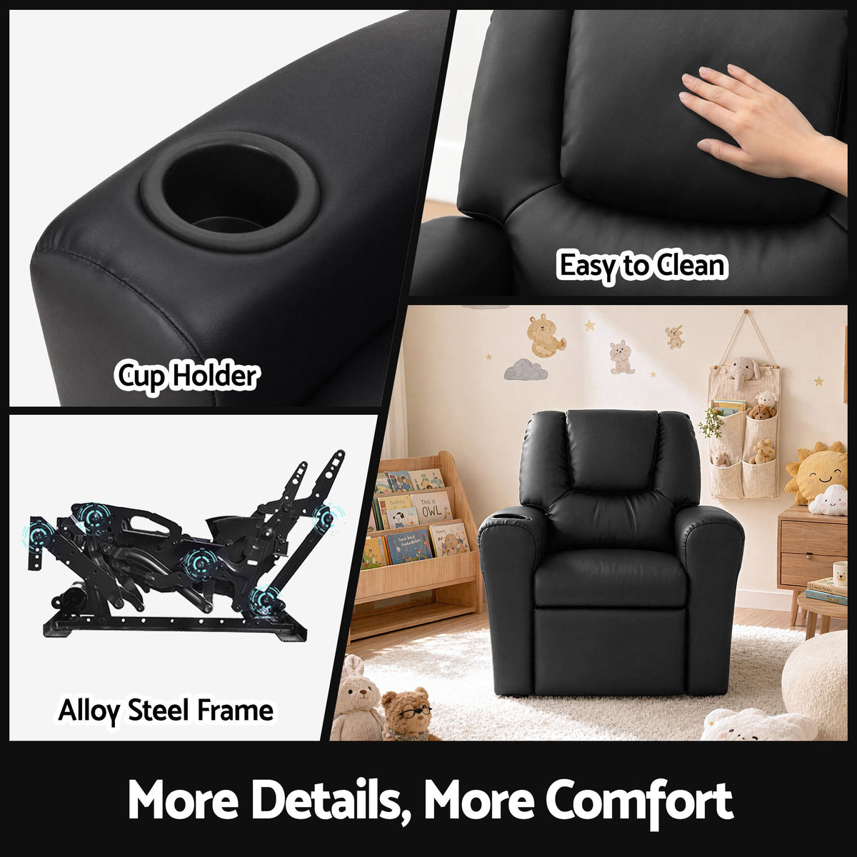 Kids Recliner Chair PU Leather Sofa Lounge Couch - Black