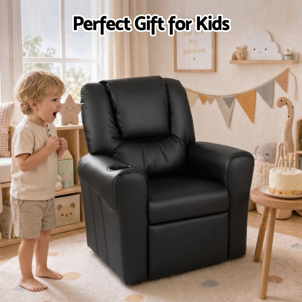 Kids Recliner Chair PU Leather Sofa Lounge Couch - Black