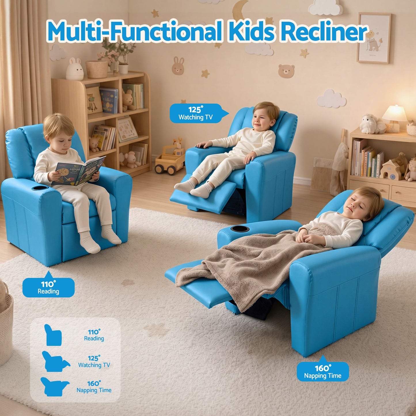 Kids Recliner Sofa Luxury Children Lounge Chair PU Couch Armchair Blue