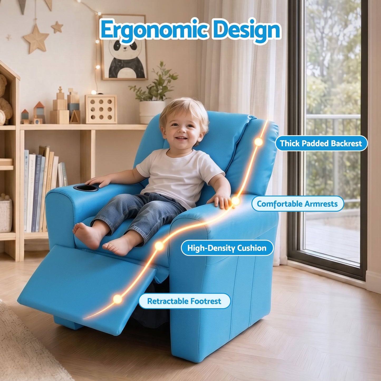 Kids Recliner Sofa Luxury Children Lounge Chair PU Couch Armchair Blue