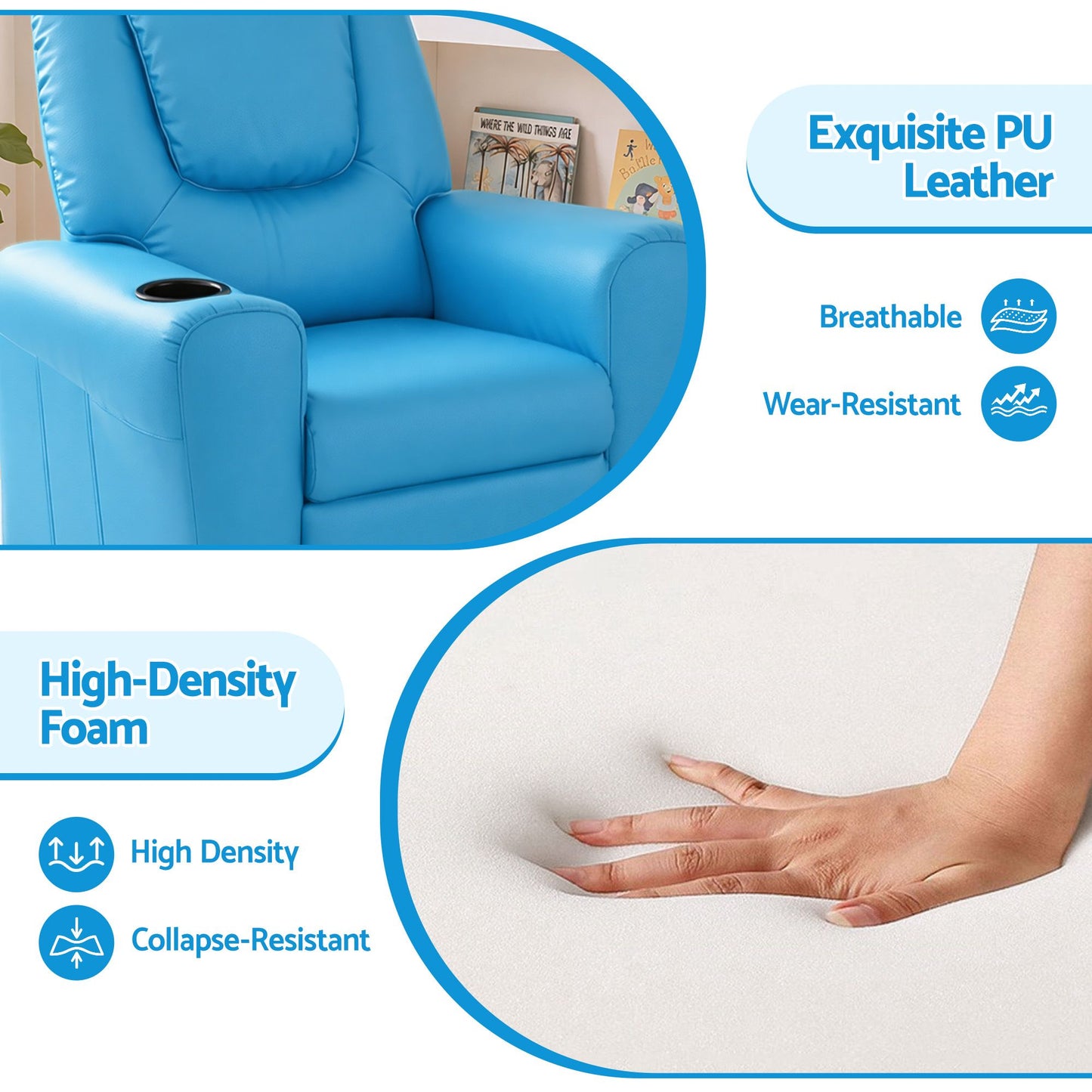 Kids Recliner Sofa Luxury Children Lounge Chair PU Couch Armchair Blue