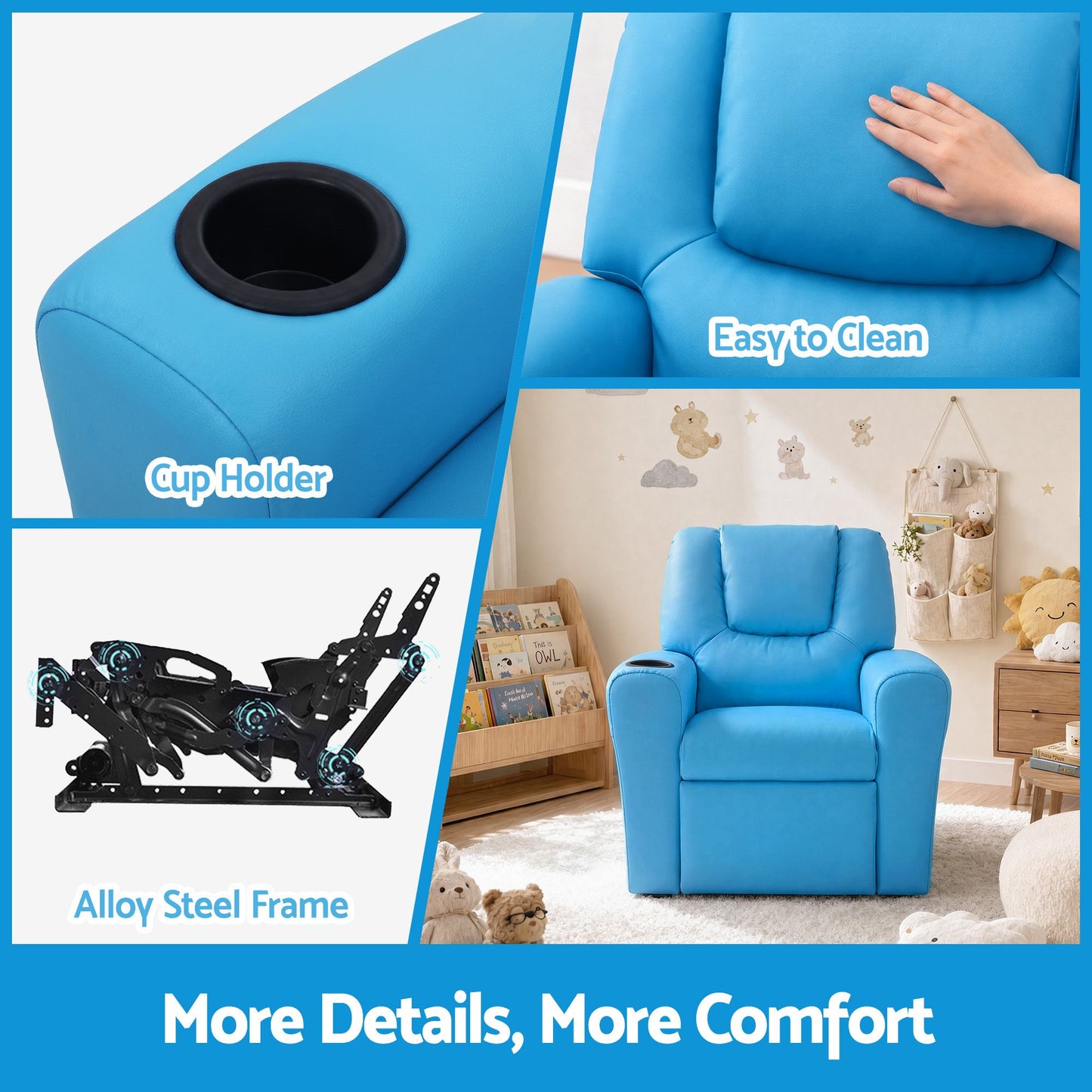 Kids Recliner Sofa Luxury Children Lounge Chair PU Couch Armchair Blue