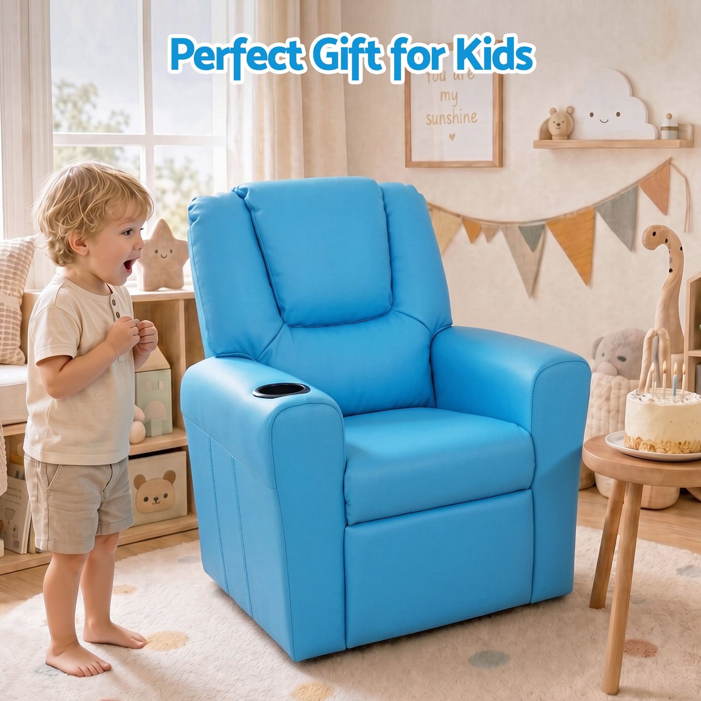 Kids Recliner Sofa Luxury Children Lounge Chair PU Couch Armchair Blue