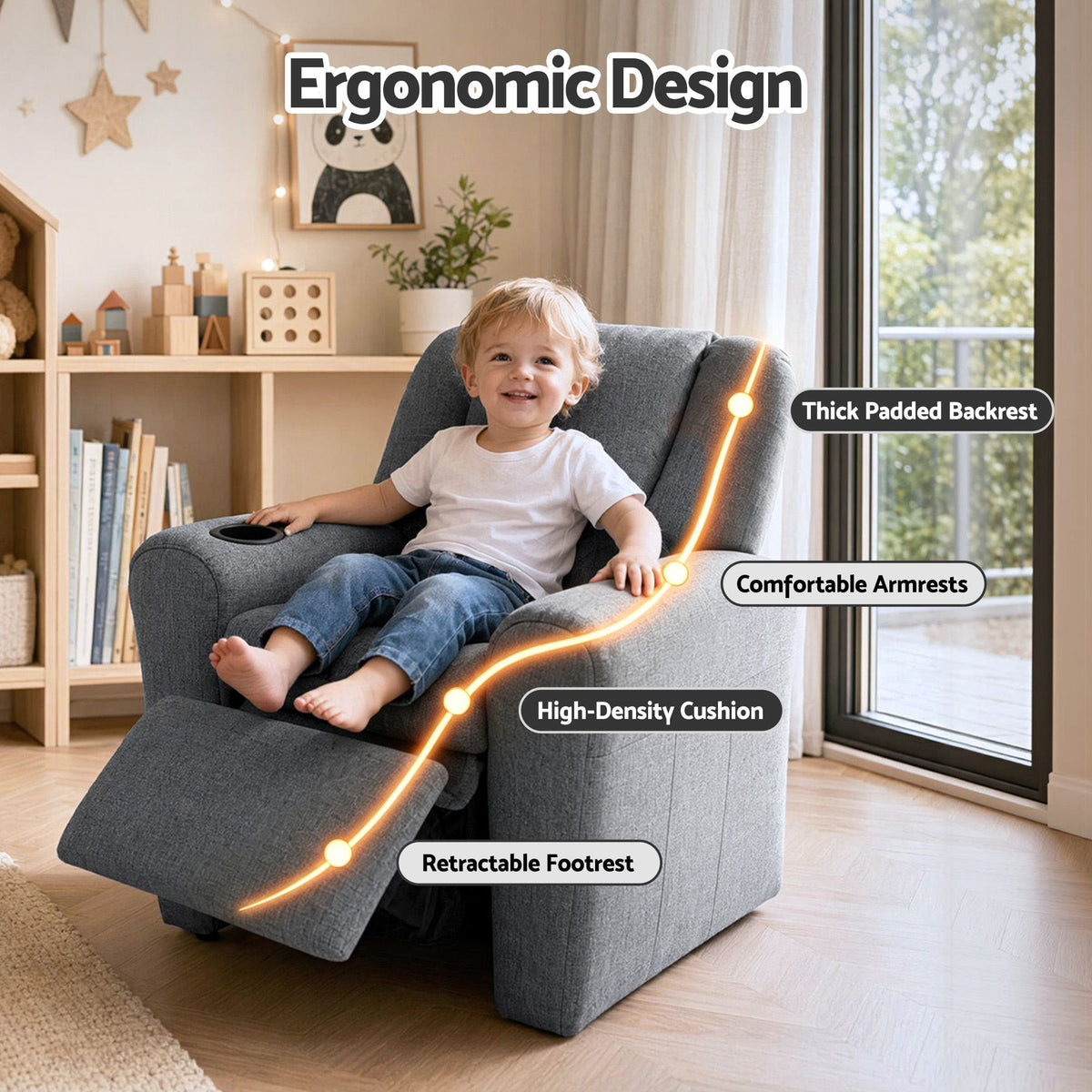 Kids Recliner Chair Linen Soft Sofa Lounge Couch - Grey